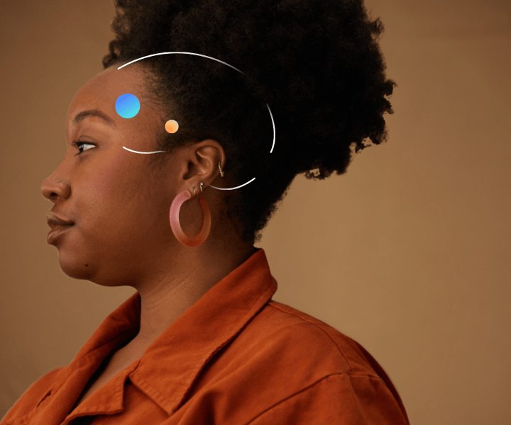 Side profile of woman with an illustration that highlights the amygdala and the prefrontal cortex