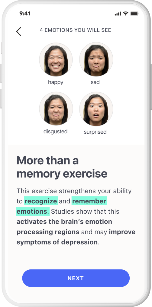 Sample screen of the Rejoyn app. The on-screen text displays the "4 emotions you'll see: happy, sad, disgusted, surprised." Text underneath describes how the brain exercises in Rejoyn are designed to work