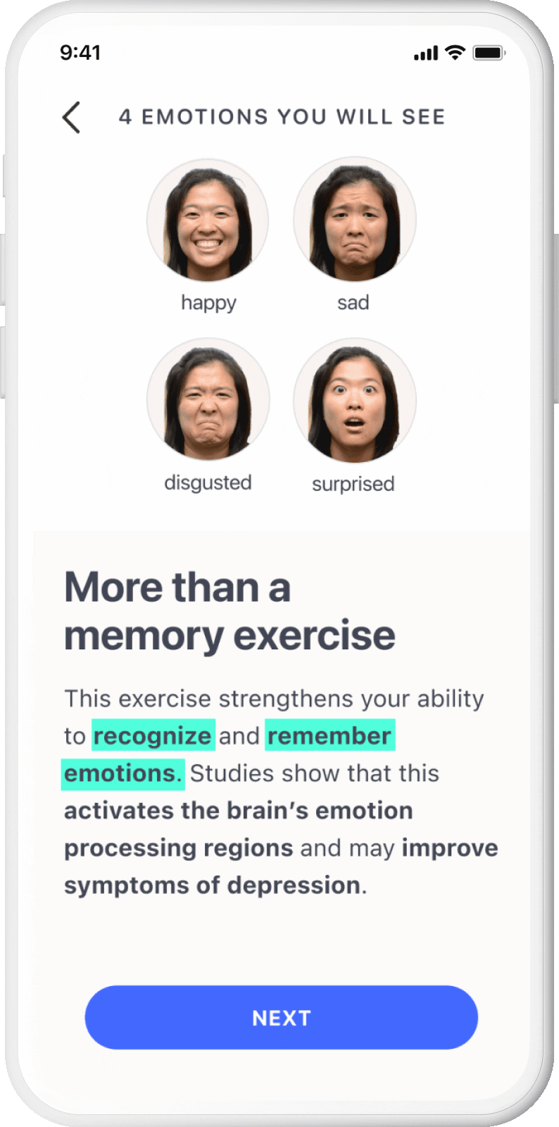 GIF of various screens showing brain-training exercises from the Rejoyn app